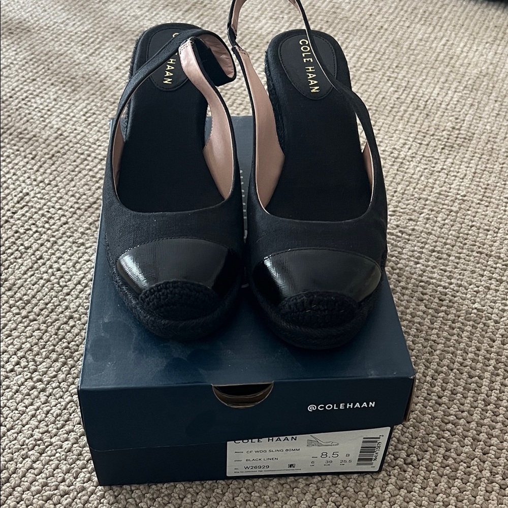 Cole Haan Black Slingback Espadrille Wedge Pumps